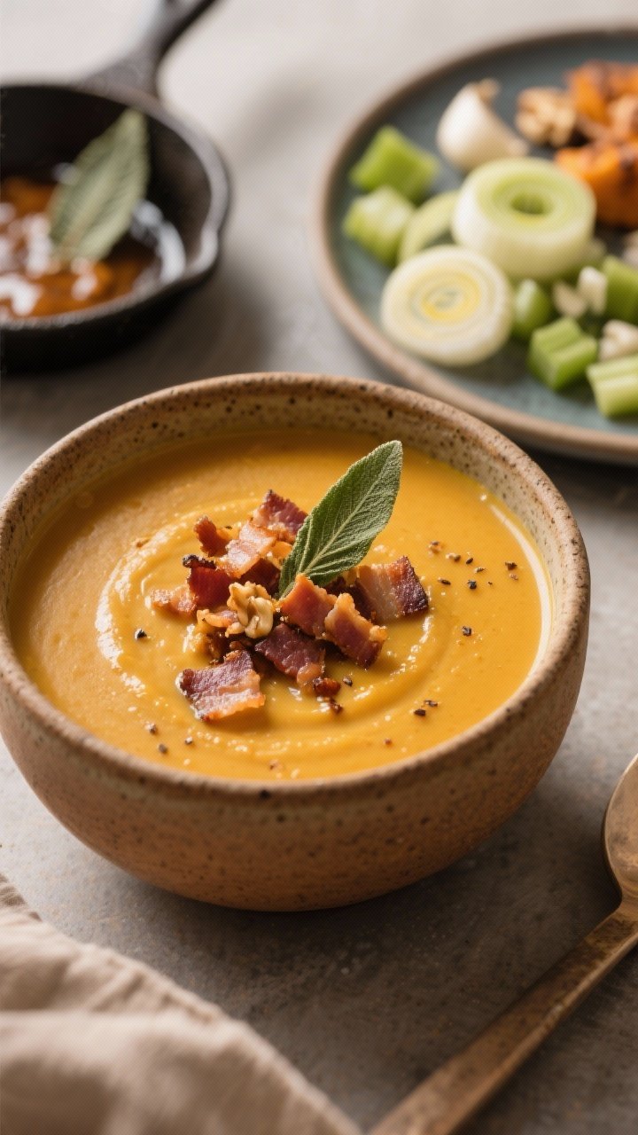 Close-up, shallow depth of field of a luxurious smoky pumpkin bisque poured into a warm stoneware bowl, finished with nutty brown butter and crisp sage leaves scattered on top. Add pancetta crunch sprinkled generously, with glistening fat and golden edges. In the blurred background, show a small skillet with browned butter and sage, and a plate with sautéed leek rings, celery dice, and minced garlic ready to go. Rich, buttery tones, tight framing on textures of silky bisque, sizzling pancetta, and speckled smoked seasoning.