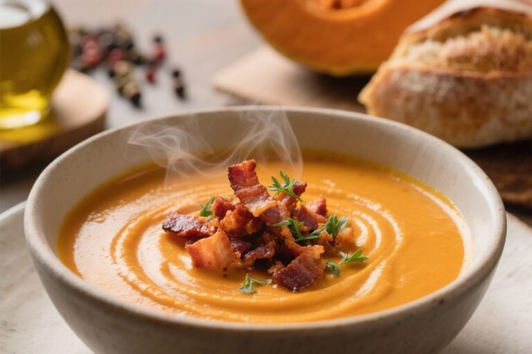 Smoky Pumpkin Soup With Crispy Bacon Bits and Fresh Herbs You’ll Crave All Fall