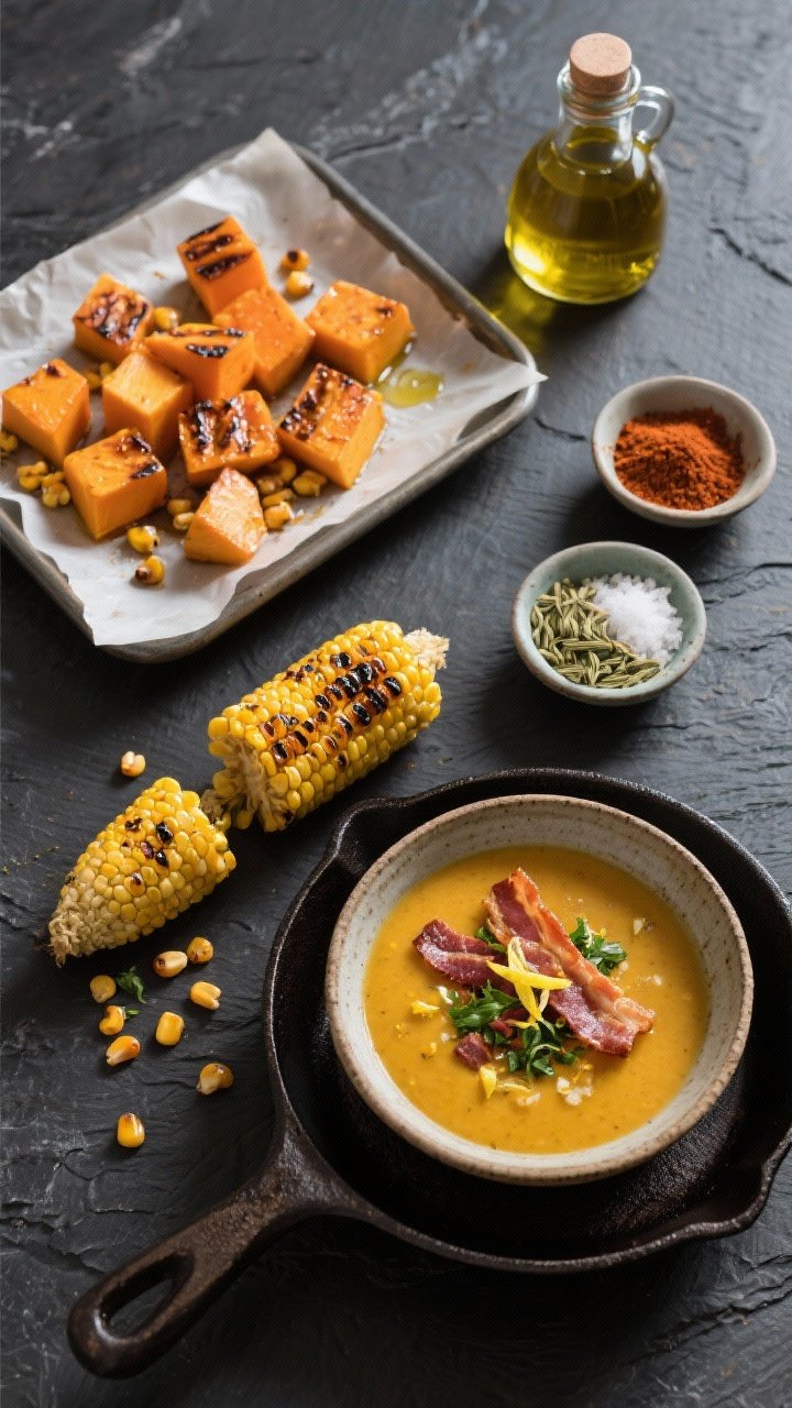 Ingredient prep flat lay on dark slate: cubed sugar pumpkin (or butternut), charred corn kernels with a few browned bits, small bowls of smoked paprika, ground coriander, and kosher salt, plus a bottle of olive oil. Include a parchment-lined tray with some pumpkin cubes lightly oiled and seasoned, and a cast-iron skillet showing freshly charred corn. Add a second frame element: a small rustic bowl of the finished roasted pumpkin + charred corn smoky soup garnished with a bright bacon and herb gremolata (finely chopped herbs and bacon), lemon zest flecks visible. Overhead composition, crisp contrast, natural daylight.