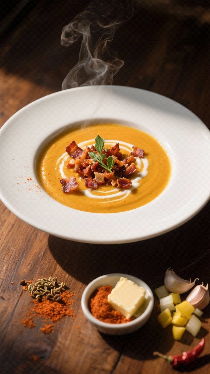 Overhead shot of a velvety classic smoky pumpkin soup in a wide white bowl, swirled with cream and topped generously with crisp bacon confetti, a sprinkle of smoked paprika, and fresh herb leaves; visible textures of silky puree with tiny bacon crunch. Style the scene on a warm wooden table with a small dish of smoked paprika, a pat of unsalted butter, minced garlic, diced yellow onion, and a pinch of cumin and cayenne off to the side; moody autumn light, shallow shadows, steam rising, professional food styling, no people.