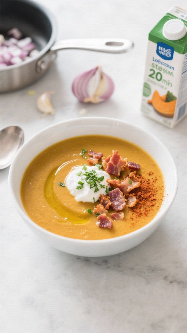 Straight-on weeknight bowl shot emphasizing speed and freshness: a clean white bowl of smoky pumpkin soup garnished with a dollop of herb yogurt (speckled with finely chopped herbs), crumbles of crisp turkey bacon, a dusting of smoked paprika, and a light olive oil sheen. Include supporting elements: a small saucepan, finely chopped onion and minced garlic, and a carton labeled low-sodium broth partially in frame to imply 20-minute ease. Bright, airy lighting, minimal styling, modern kitchen surface, appetizing and approachable.