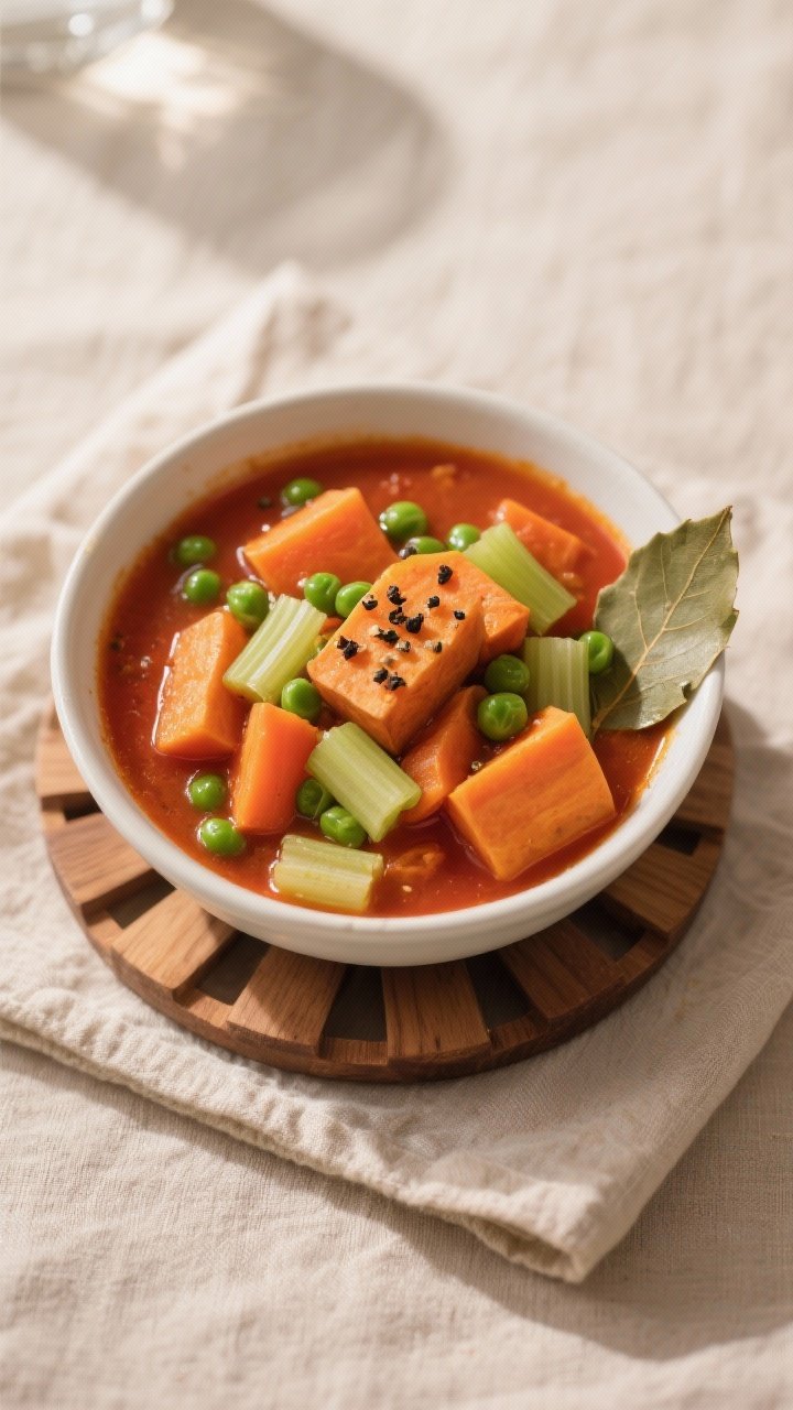 5-inch sweet potato chunks, carrots, celery slices, and vibrant peas in a thickened broth with tomat