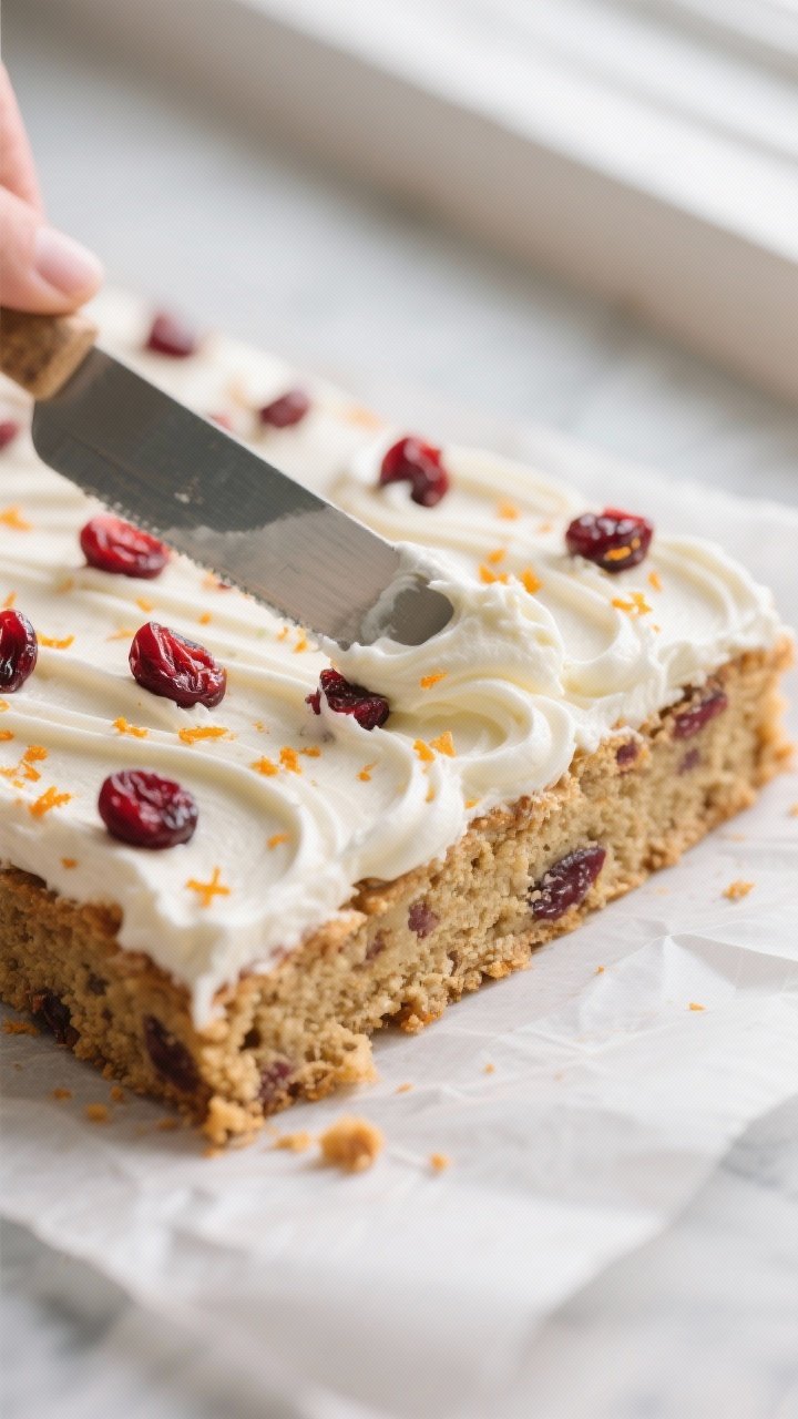 Close-up detail: A cooled slab of low-carb cranberry bliss bars being frosted, creamy swirls of fluf