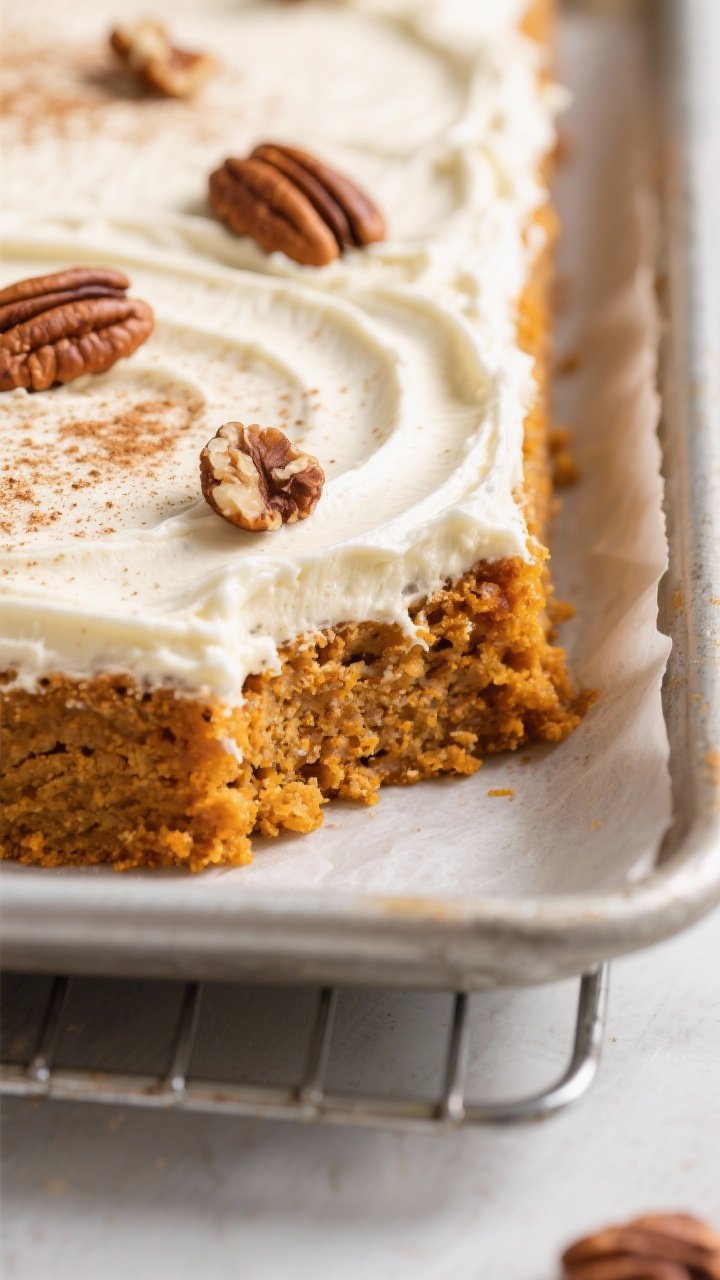 Close-up detail: A cooled slab of pumpkin bars just lifted from a parchment-lined 9x13 pan, the surf