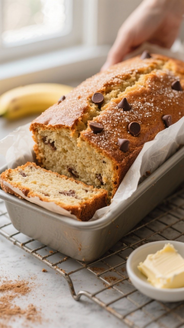 Close-up detail: A freshly baked keto banana bread loaf just lifted from a parchment-lined 9x5-inch 