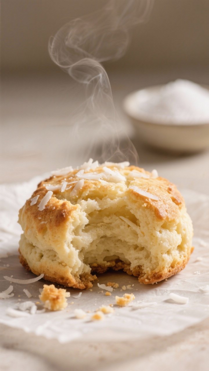 Close-up detail: A freshly baked keto coconut macaroon torn open to reveal a moist, chewy interior w