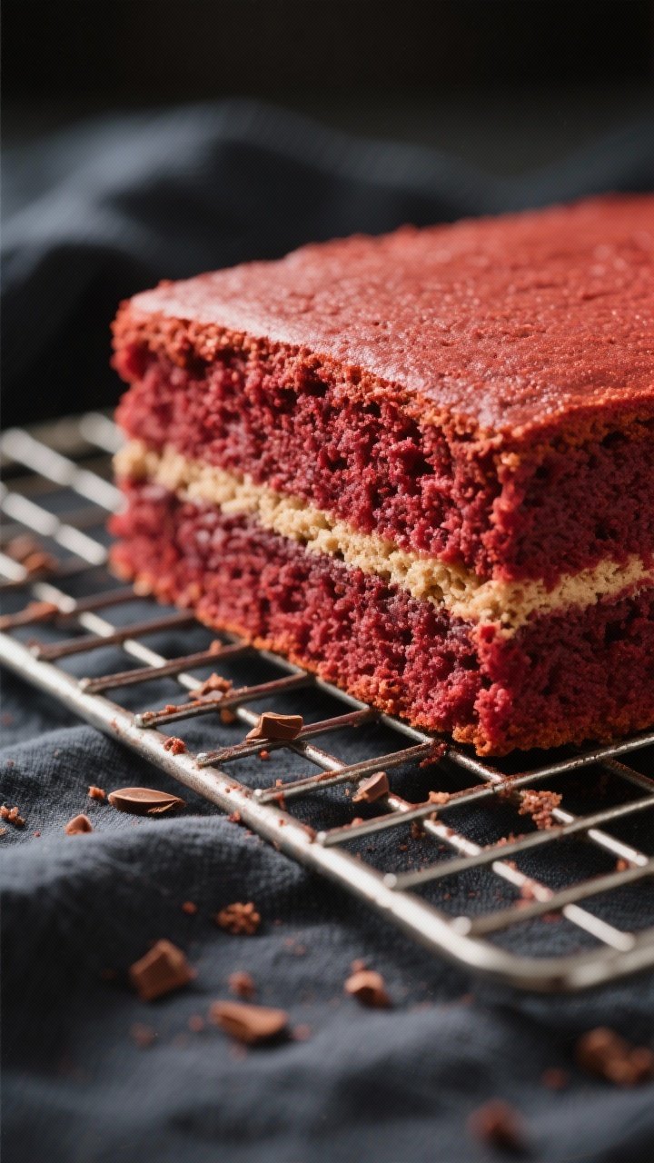Close-up detail: A freshly baked keto red velvet cake layer resting on a cooling rack, crumb shot at