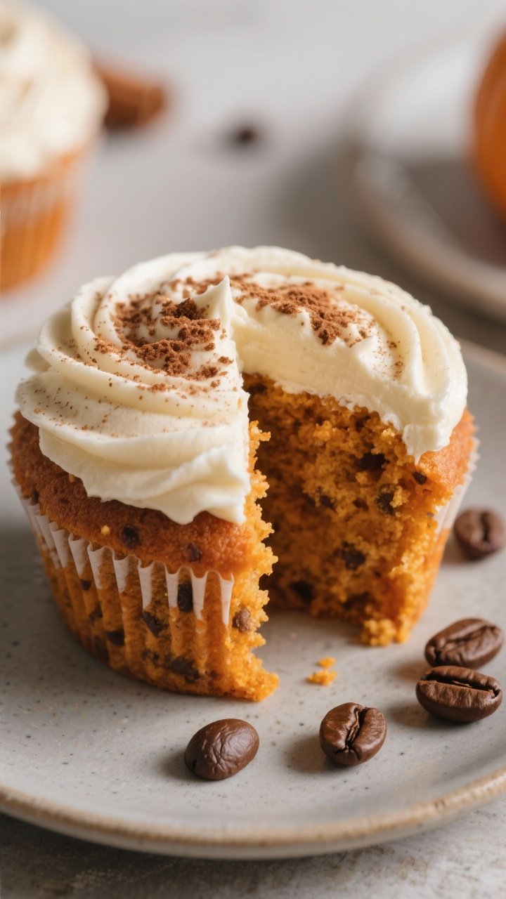 Close-up detail: A freshly baked Pumpkin Spice Latte cupcake cut in half to reveal a moist, tender c