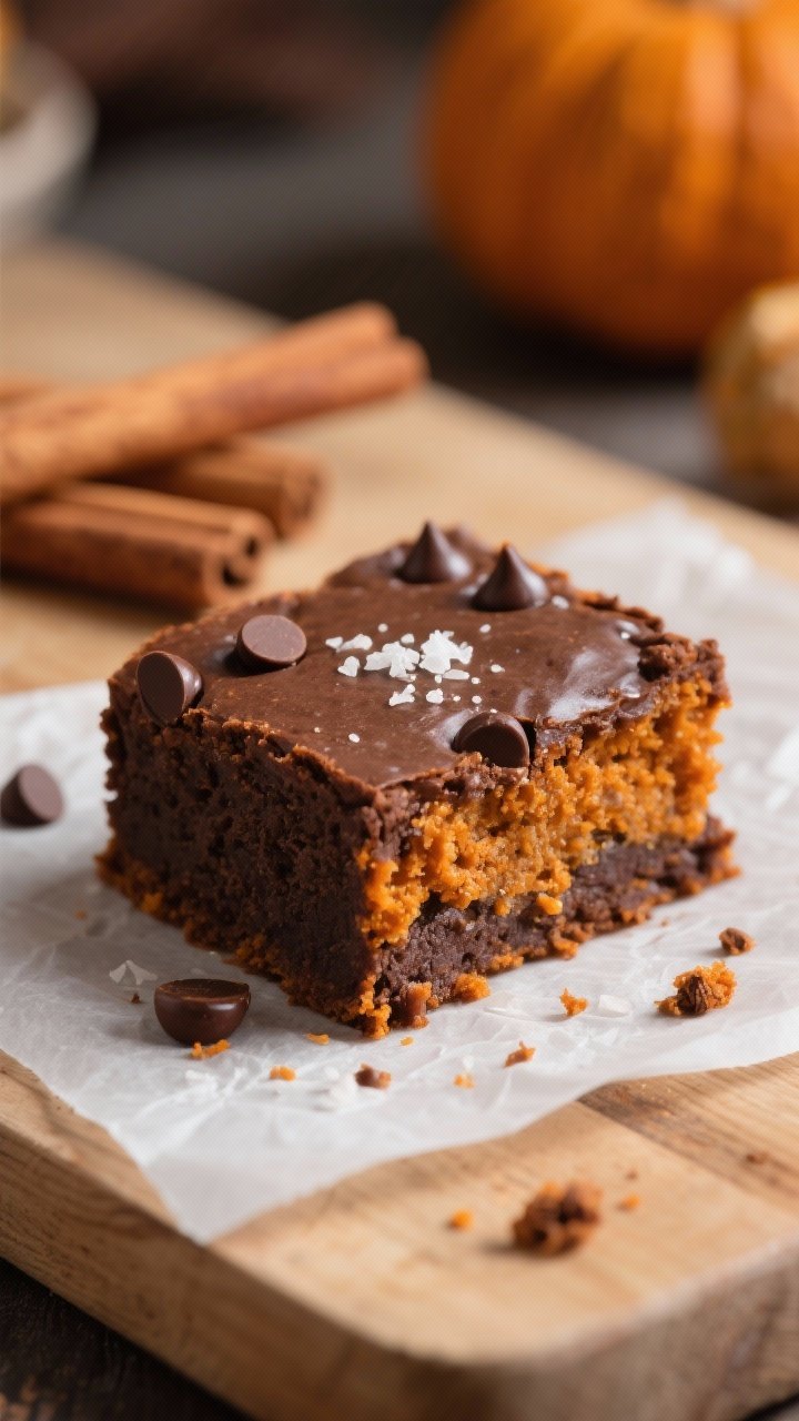 Close-up detail: A fudgy square of keto pumpkin brownie just sliced, showing a dense, moist crumb wi