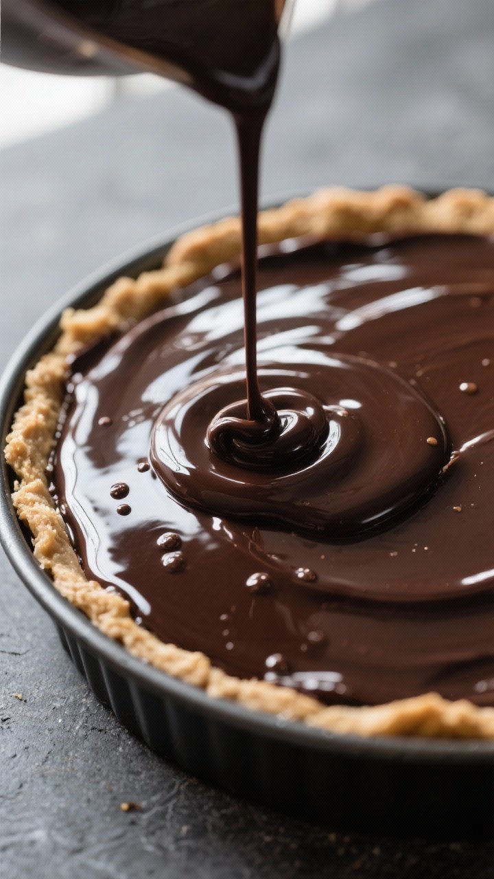 Close-up detail: A glossy dark chocolate ganache just poured over a chilled keto peanut butter pie i
