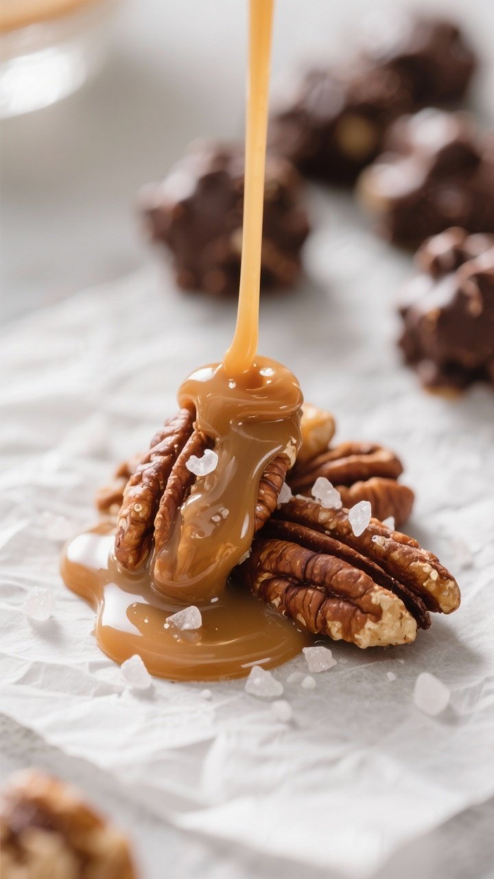 Close-up detail: A glossy keto caramel stream binding a small cluster of toasted pecan halves on par