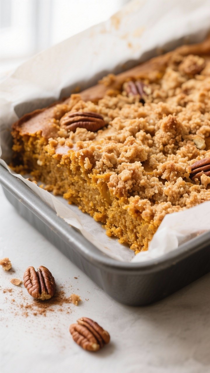 Close-up detail: A just-baked keto pumpkin crumb cake slab lifted from an 8x8 pan with parchment ove
