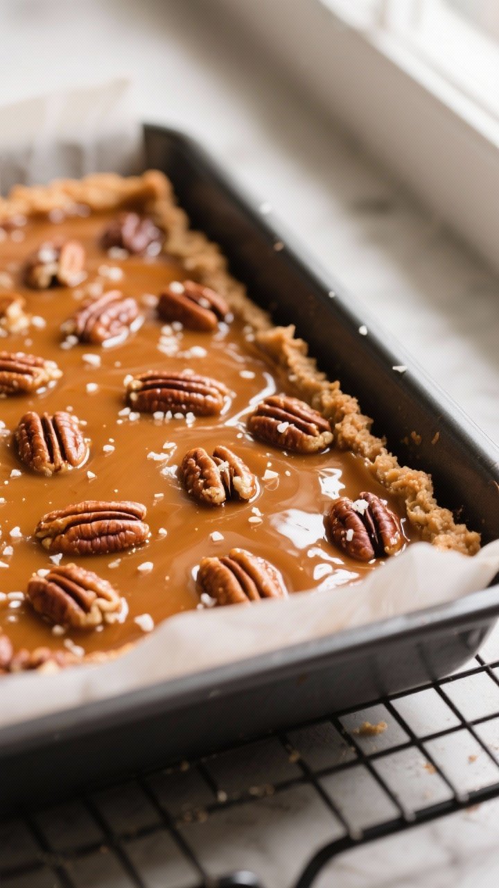 Close-up detail: A just-baked pan of keto pecan pie bars cooling on a wire rack, the glossy caramel-