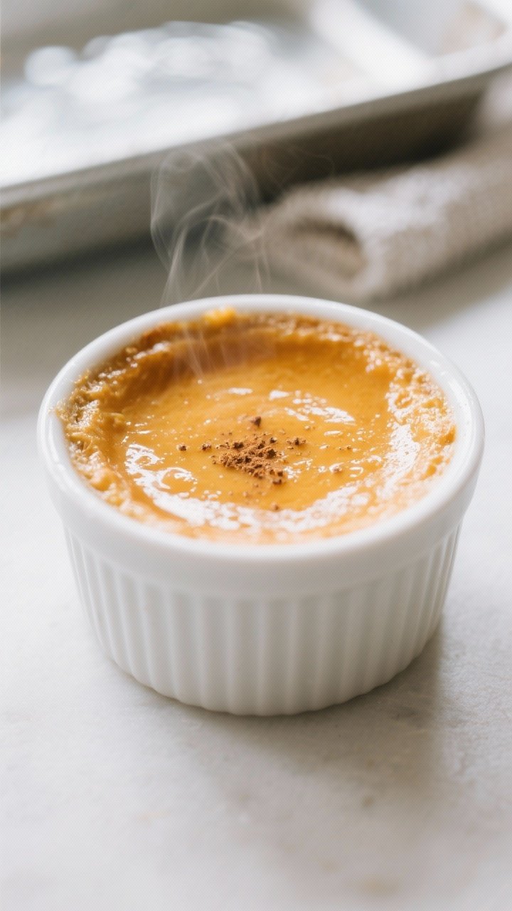 Close-up detail: A just-baked pumpkin custard in a white 6-oz ramekin, surface perfectly glossy with
