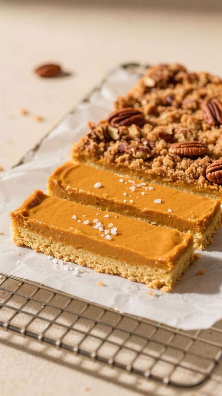 Close-up detail: A just-baked Pumpkin Streusel Bar slab cooling on a rack, showing the three distinc