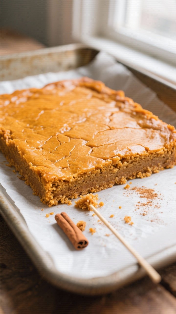 Close-up detail: A just-baked slab of gluten-free pumpkin bars cooling in a parchment-lined 9x13 pan