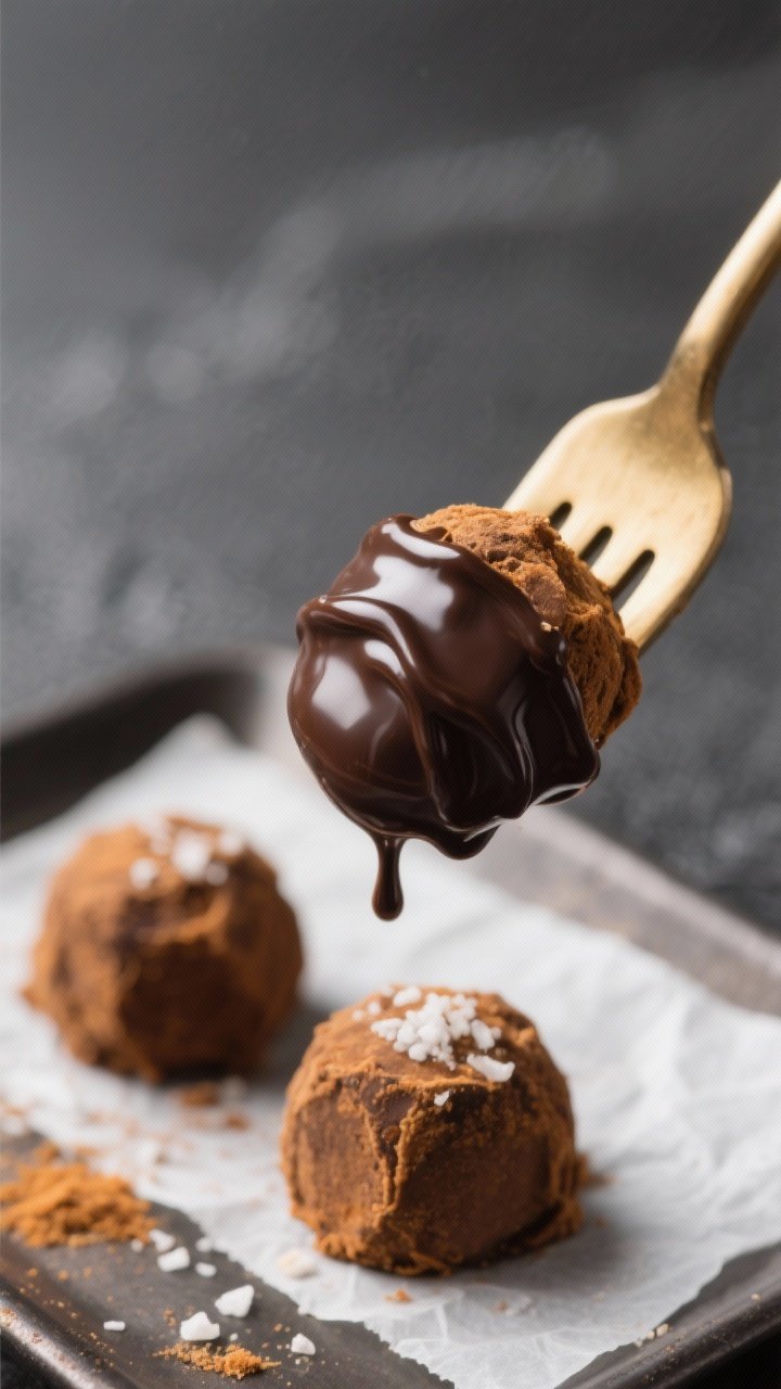 Close-up detail: A just-dipped Keto Pumpkin Truffle held on a fork above a parchment-lined tray, glo