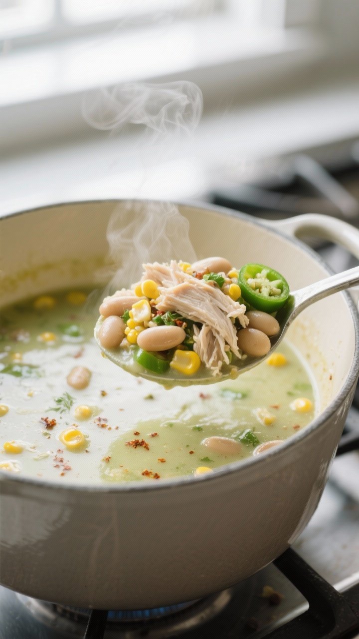 Close-up detail: A ladle lifting creamy white chicken chili from a Dutch oven, showing tender shredd