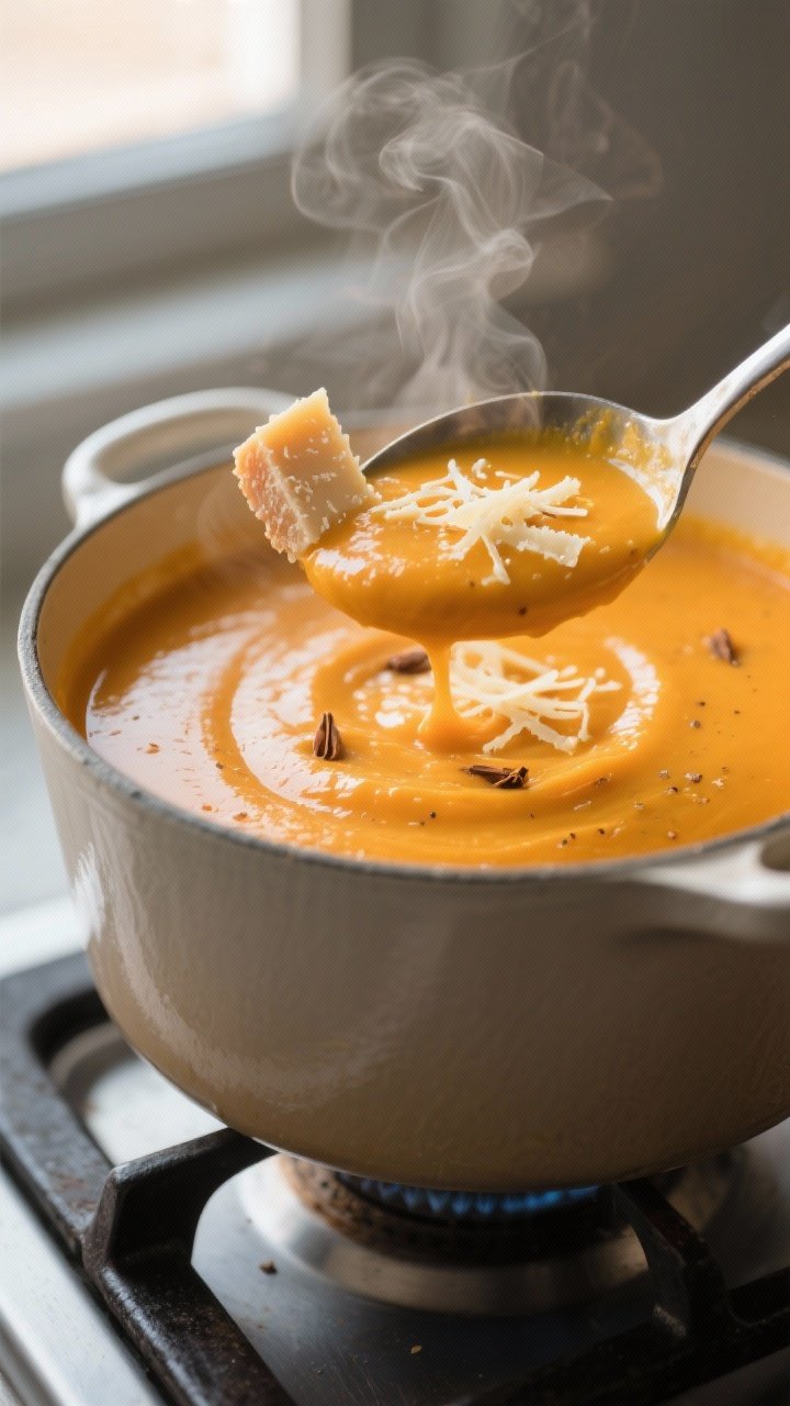 Close-up detail: A ladle lifting silky, blended butternut squash soup from a Dutch oven mid-simmer,