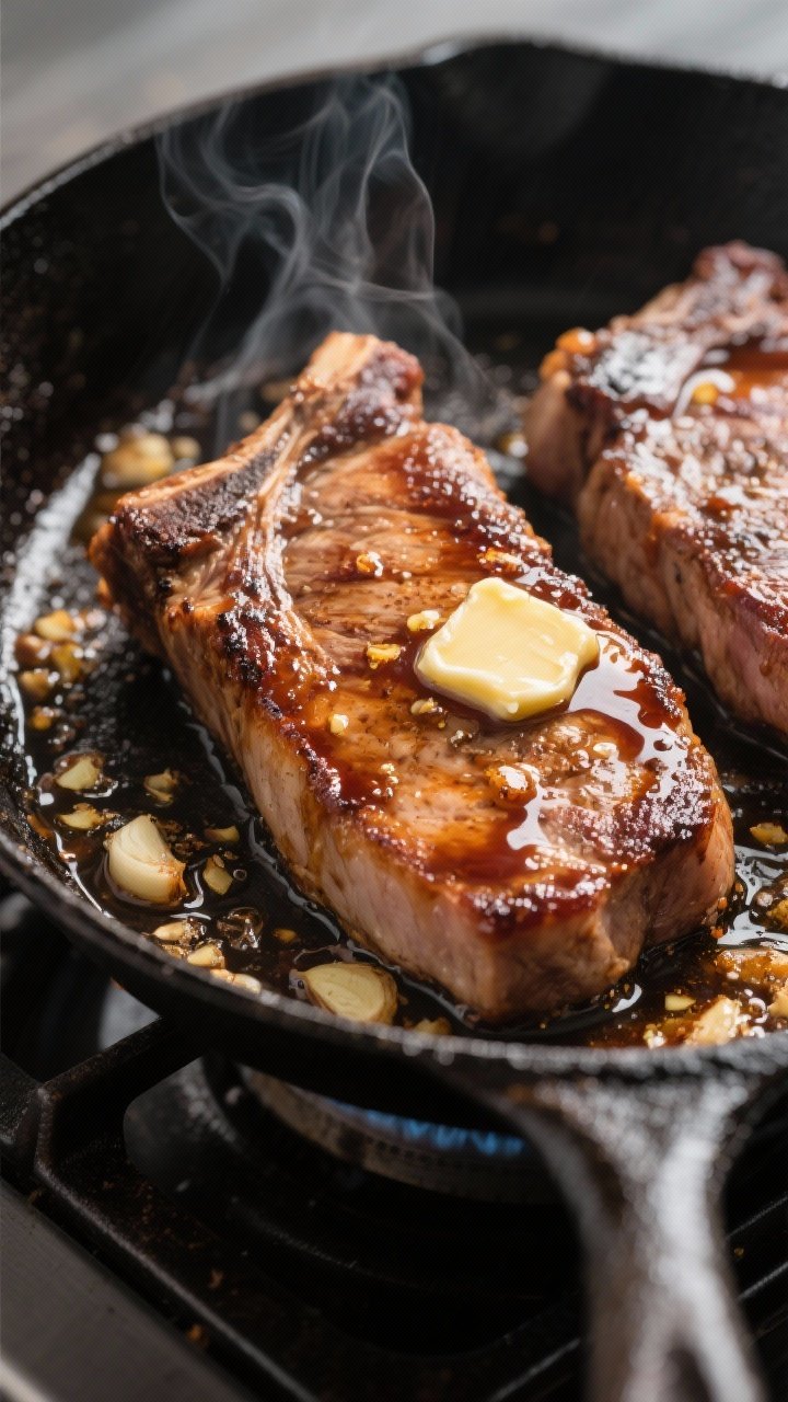 Close-up detail: A searing-hot skillet scene of cooked pork chops mid-glaze, the chops deeply browne