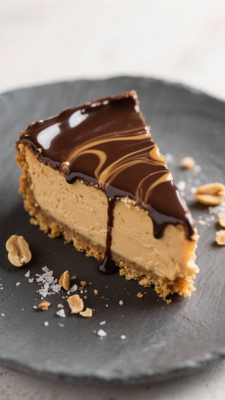 Close-up detail: A silky slice of Keto Peanut Butter Cheesecake with a glossy sugar-free dark chocol