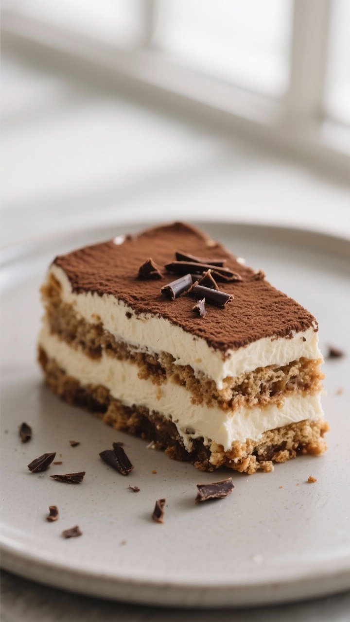 Close-up detail: A slice of keto tiramisu just cut from the pan, showing distinct layers of almond f