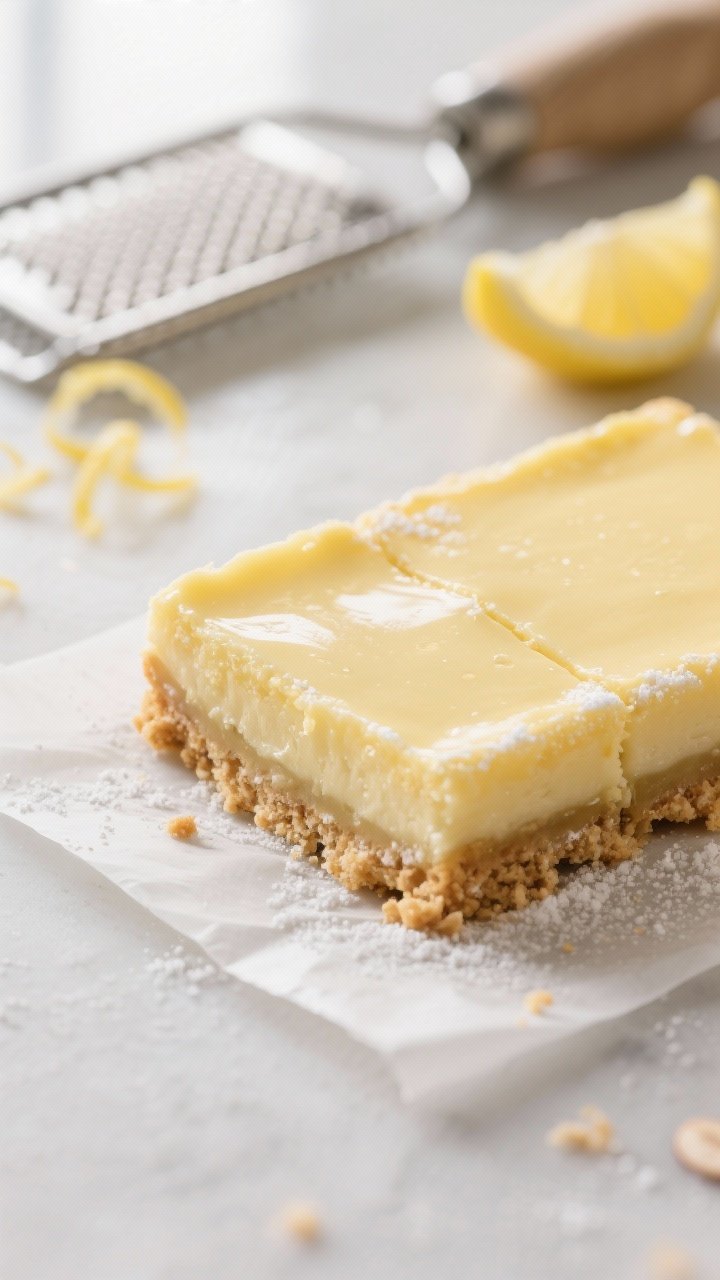 Close-up detail: A sliced Keto Lemon Bar on parchment with a clean, glossy custard filling set over 
