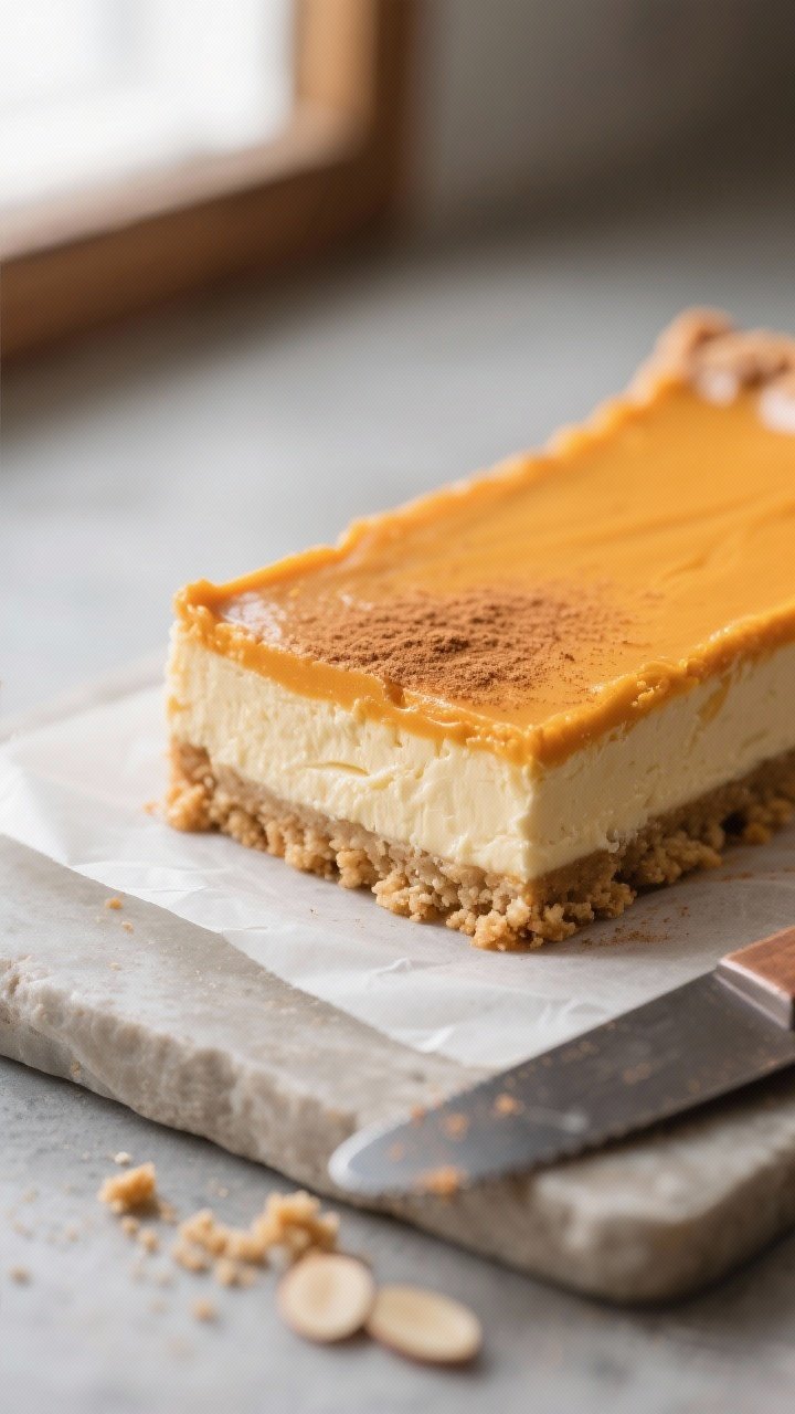 Close-up detail: A sliced Keto Pumpkin Pie Bar resting on the parchment overhang, showing a distinct