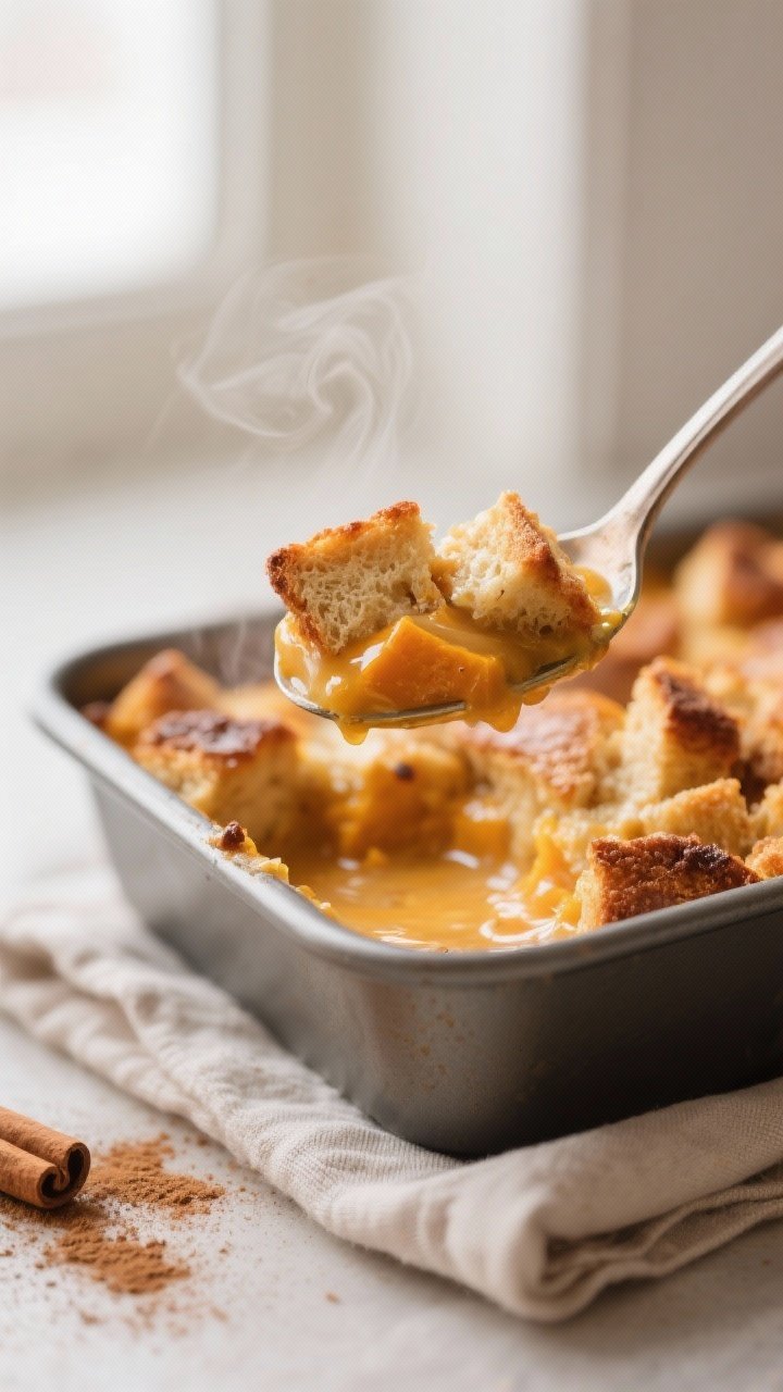 Close-up detail: A spoonful of baked keto pumpkin bread pudding being lifted from the pan, showcasin