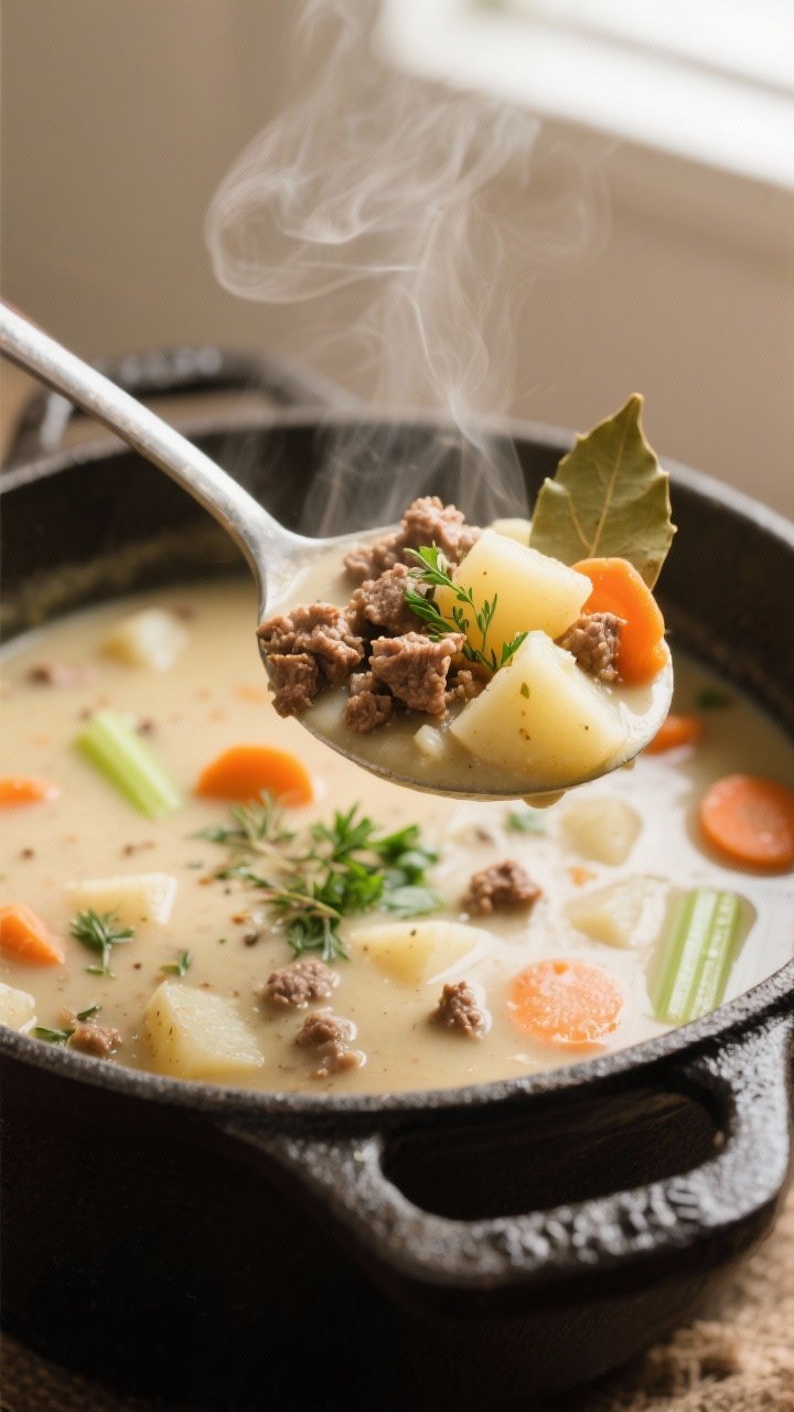 Close-up detail: A steaming ladle lifting creamy country-style hamburger potato soup from a Dutch ov