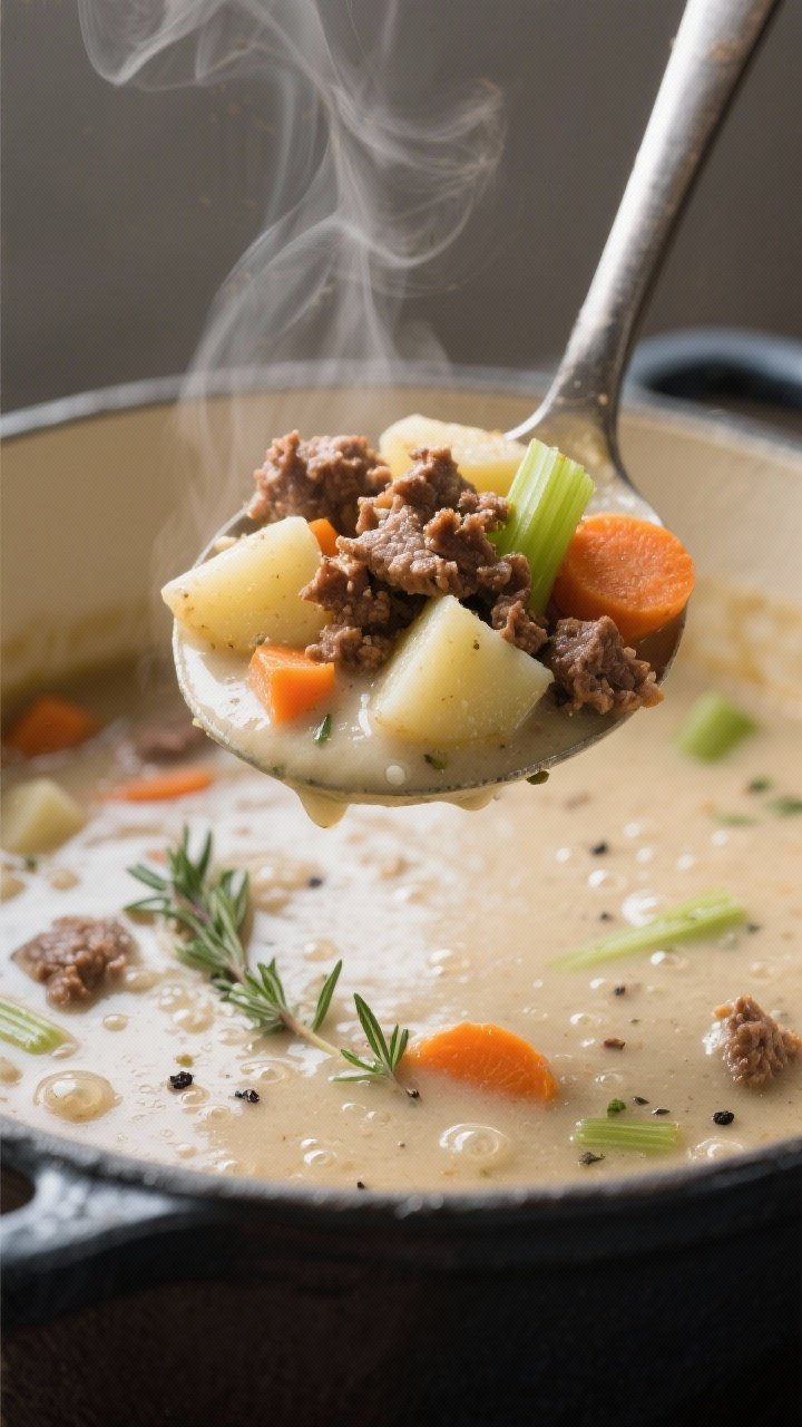 Close-up detail: A steaming ladleful of creamy gluten-free hamburger potato soup lifted from a Dutch