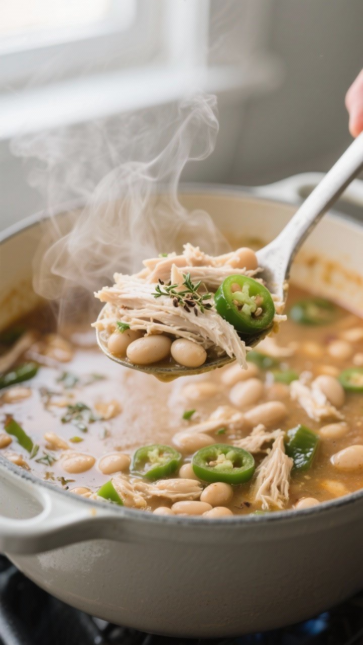 Close-up detail: A steaming ladleful of white chicken chili mid-simmer in a Dutch oven, showing tend