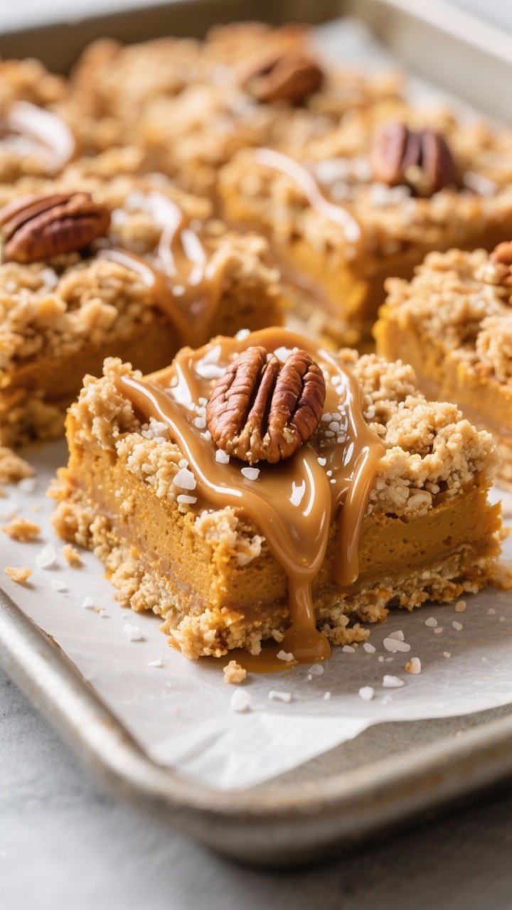 Close-up detail: A tight macro shot of freshly baked Pumpkin Caramel Bars just out of the pan, showi