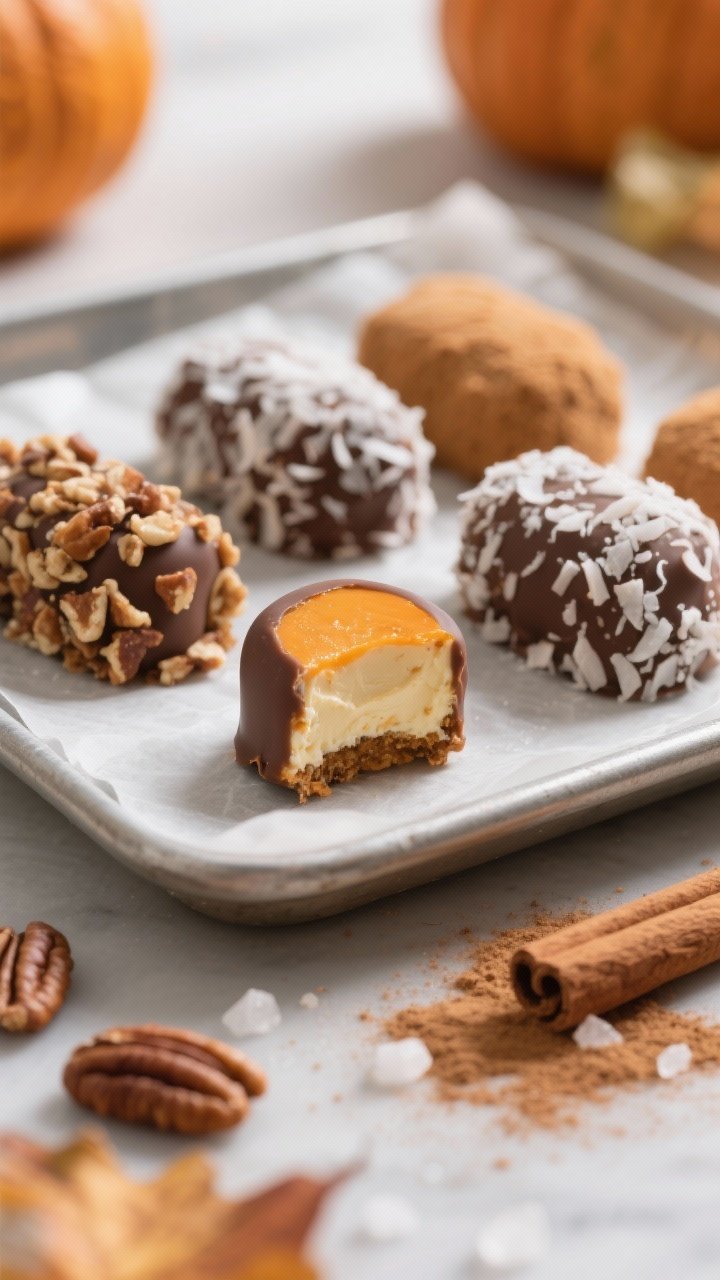 Close-up detail: A tray of chilled keto pumpkin cheesecake fat bombs just set, each rolled smooth an