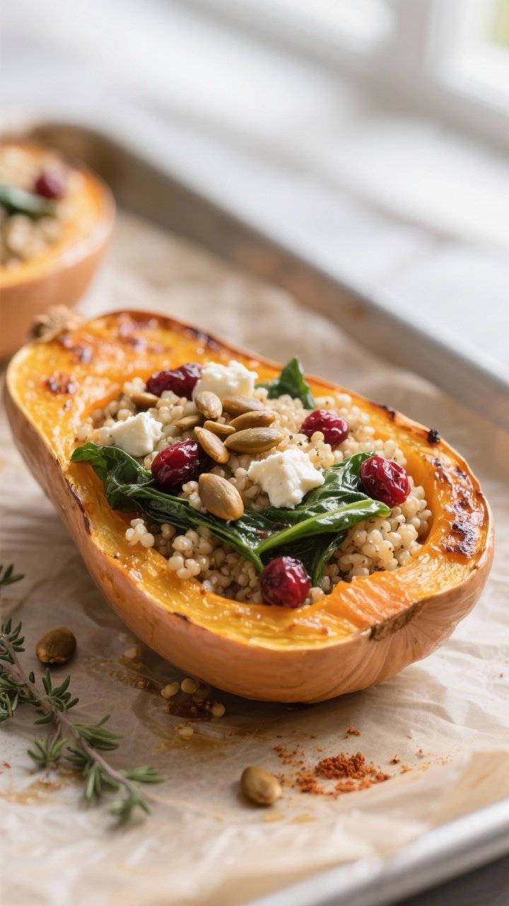 Close-up detail: Broiled quinoa-stuffed butternut squash just out of the oven, focus on the toasty, 