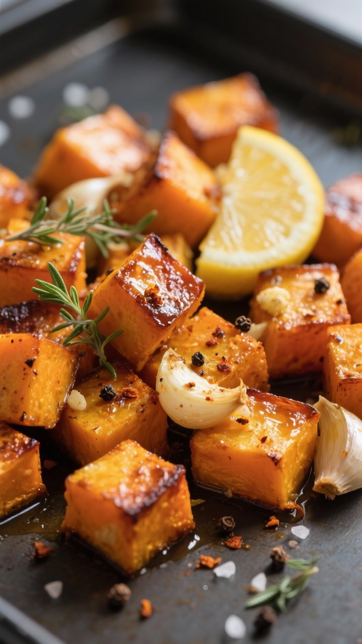 Close-up detail: Butternut squash cubes fresh from the oven with deeply caramelized, crisped edges a