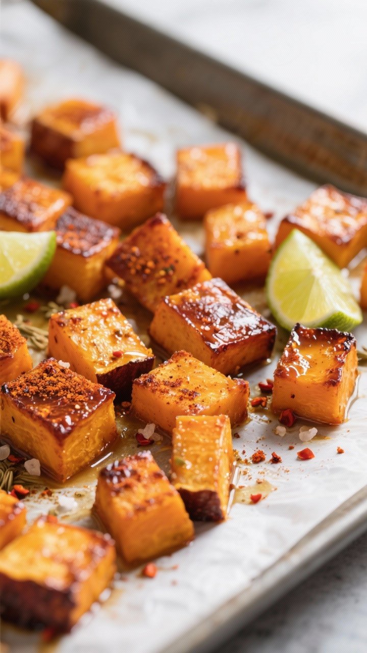Close-up detail: Caramelized butternut squash cubes just out of the oven on a parchment-lined sheet 