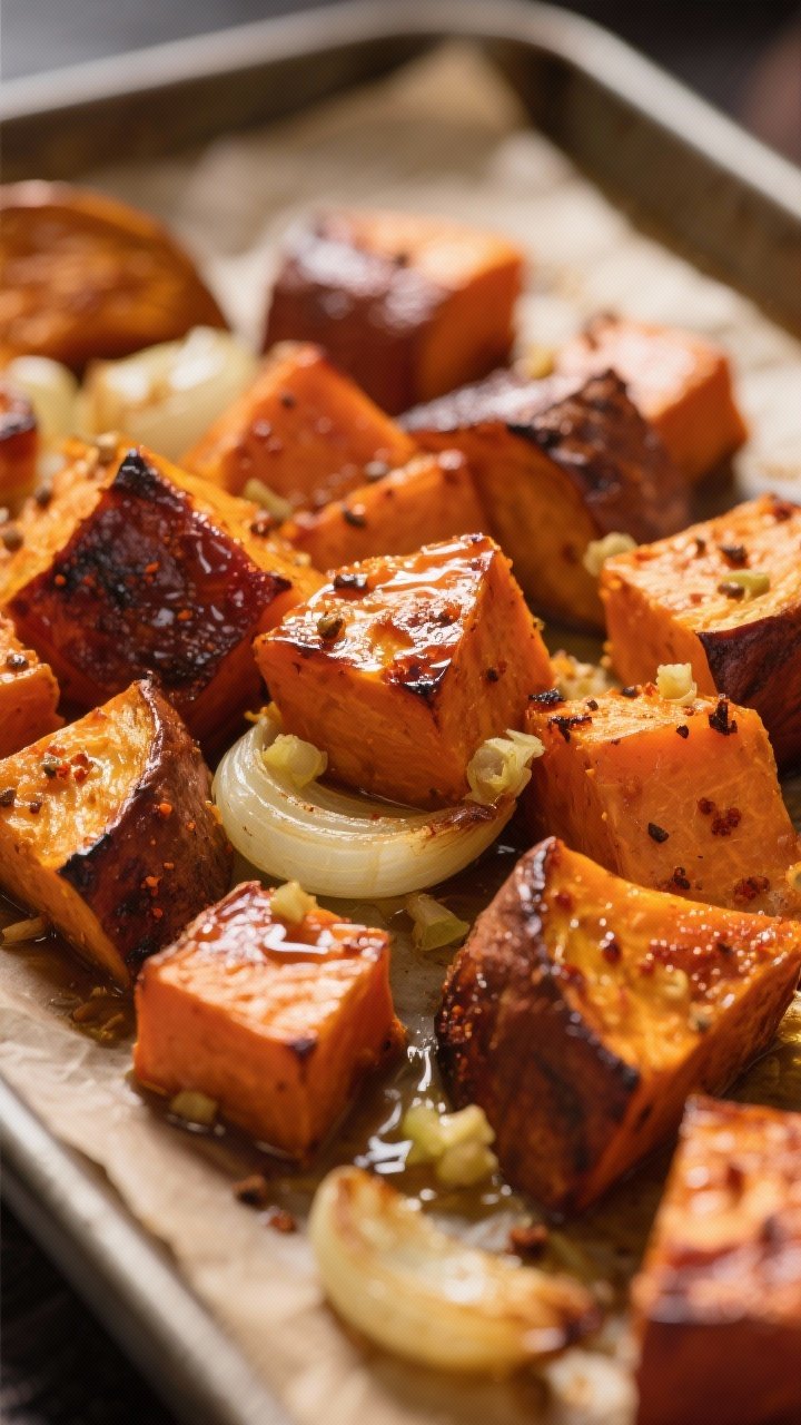 Close-up detail: Caramelized roasted pumpkin and sweet potato cubes fresh from the oven, edges blist