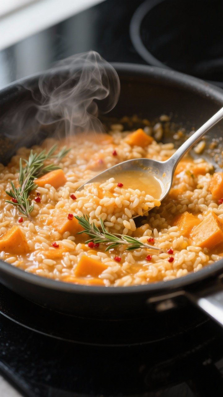 Close-up detail: Creamy butternut squash risotto mid-cook in a wide sauté pan during the stir-and-s