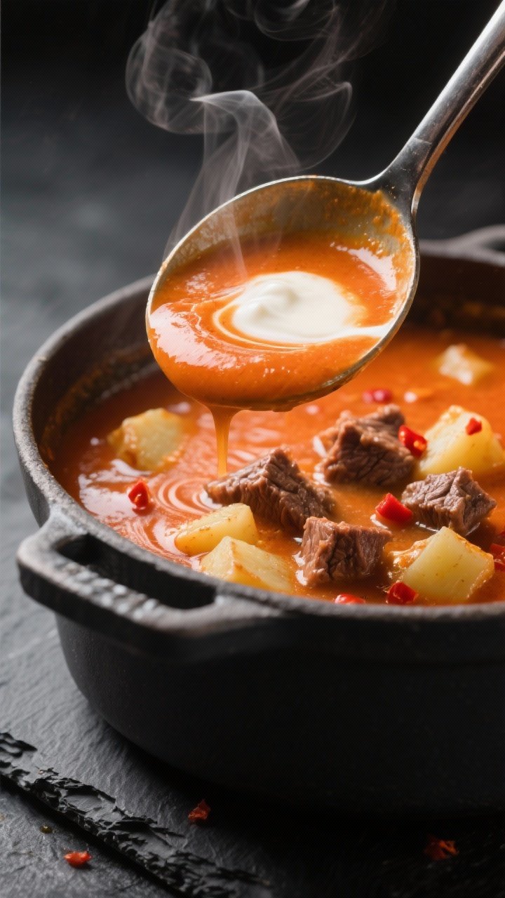 Close-up detail, creamy finish: Tight macro of a ladle lifting the finished soup after dairy is stir