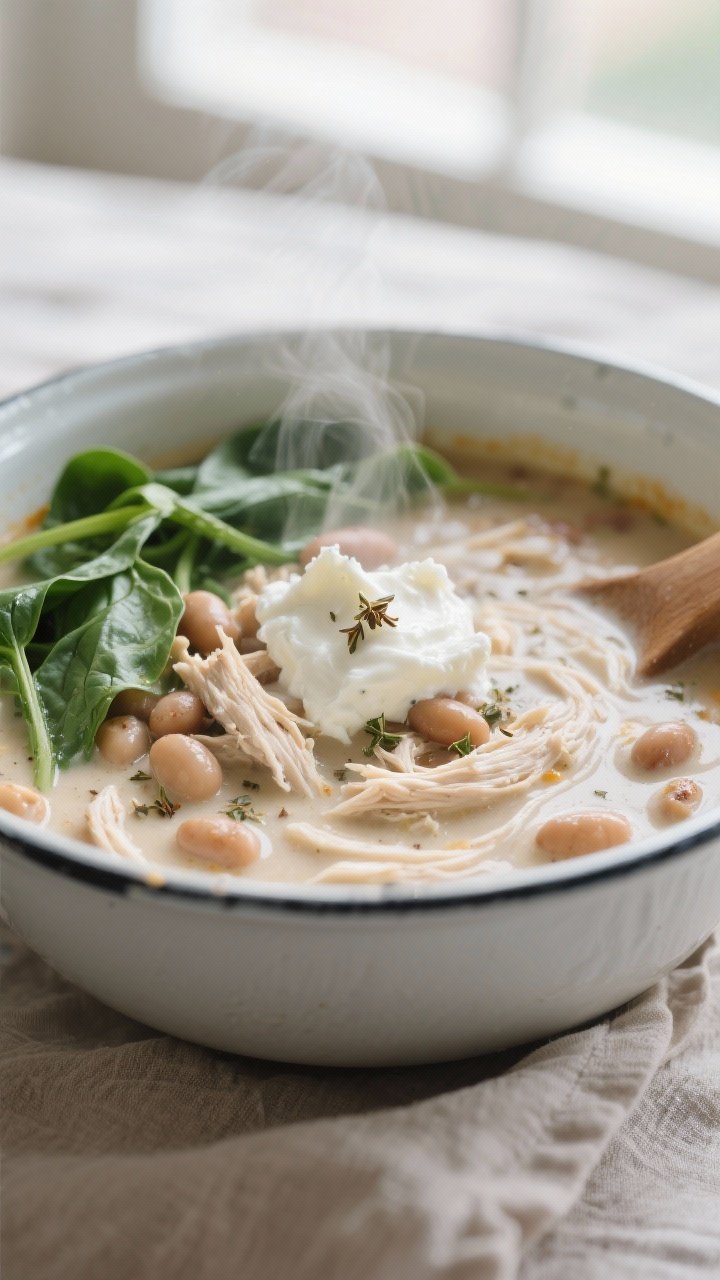 Close-up detail: Creamy white chicken chili just after stirring in cream cheese and Greek yogurt, sh