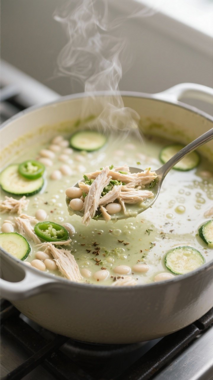 Close-up detail: Creamy white chicken chili simmering in a Dutch oven, showing tender shredded chick