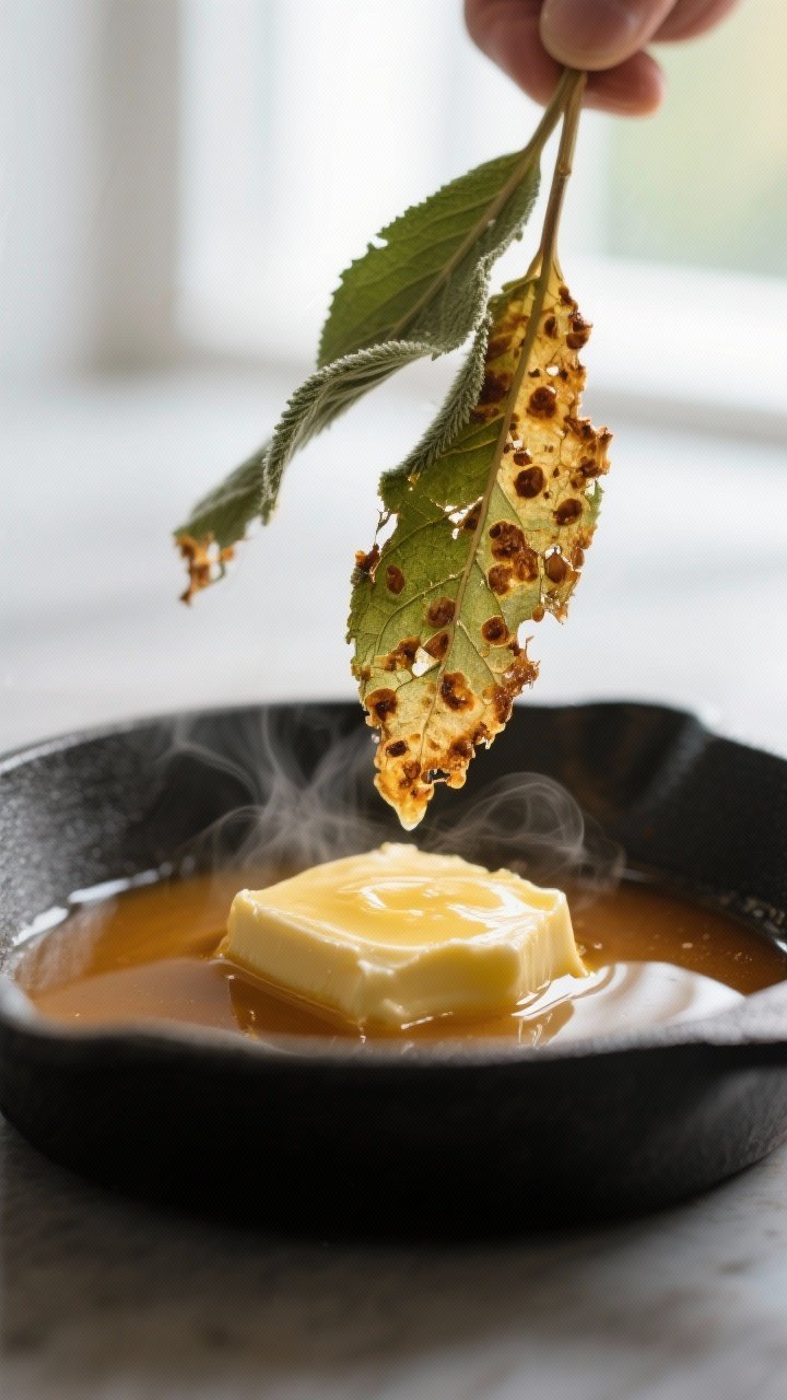 Close-up detail: Crisped sage leaves just lifted from a pool of amber brown butter, glistening with 