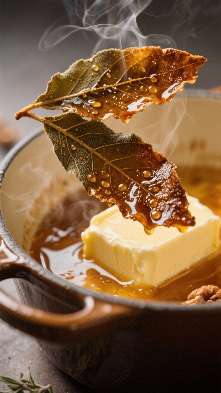 Close-up detail: Crispy sage leaves just lifted from nutty brown butter, glistening and glassy with 