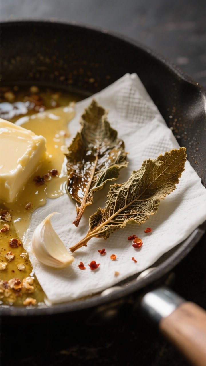 Close-up detail: Crispy sage leaves just lifted from nutty brown butter, resting on paper towel besi