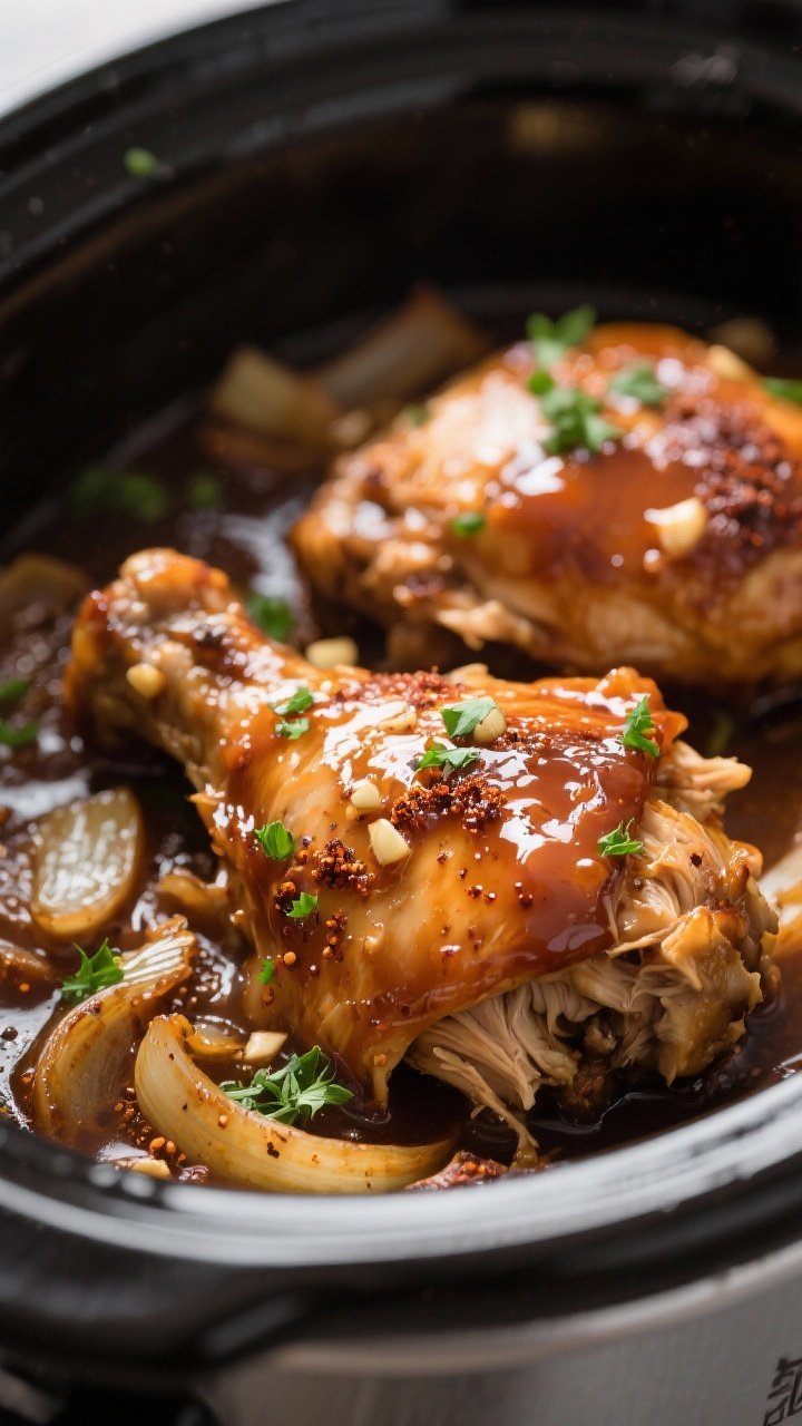 Close-up detail: Crockpot maple glazed chicken thighs just after thickening, glossy caramel-brown gl