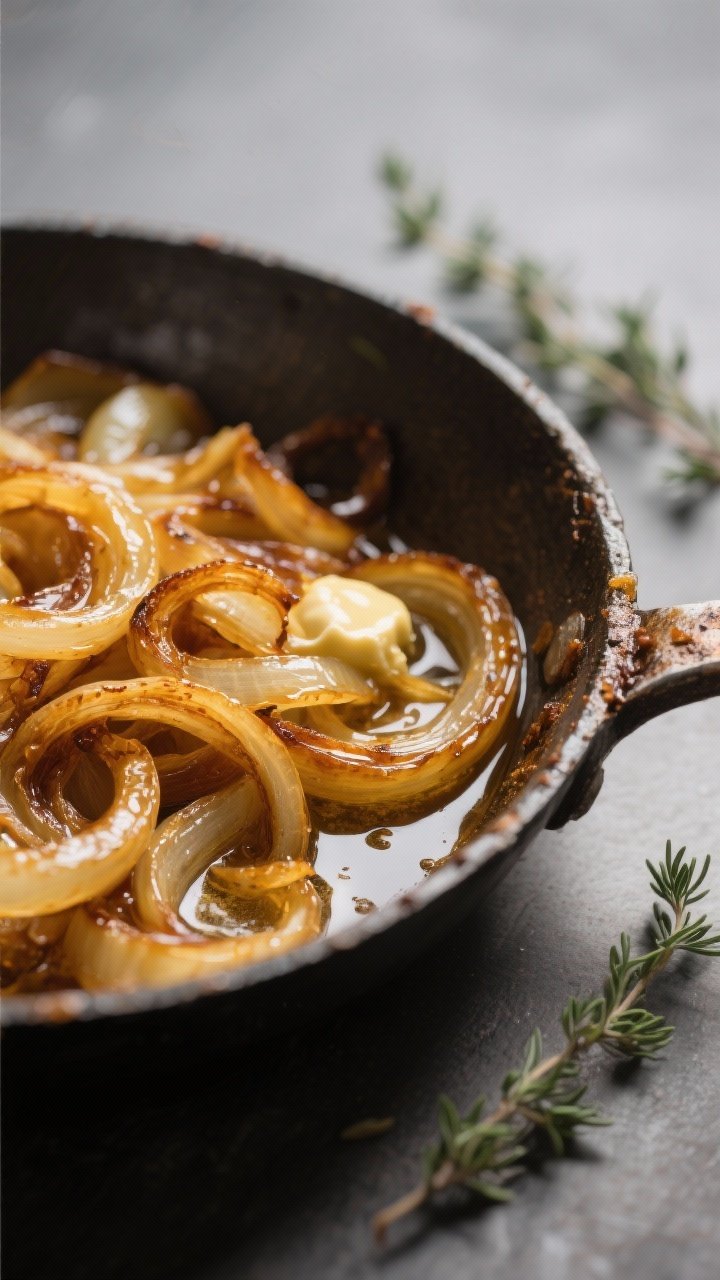 Close-up detail: Deep-golden, jammy caramelized onions in a heavy pot, glossy with butter and a touc
