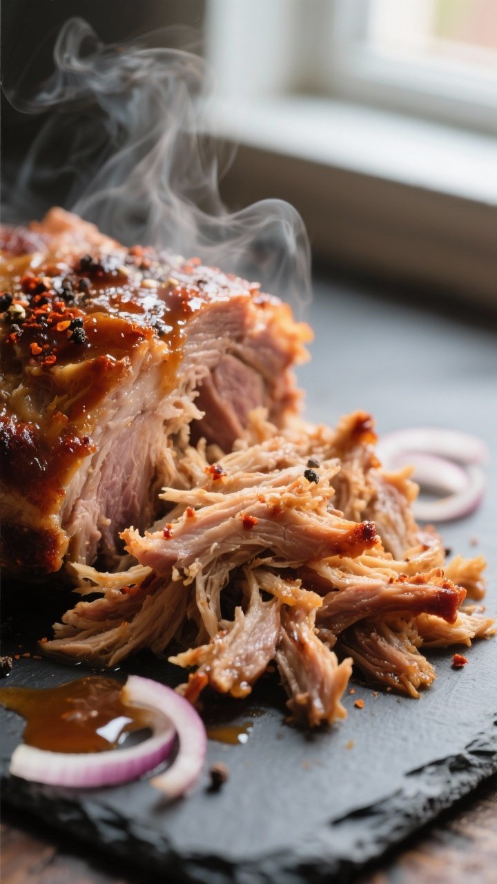 Close-up detail: Fall-apart apple cider pulled pork just after shredding, glistening strands of juic