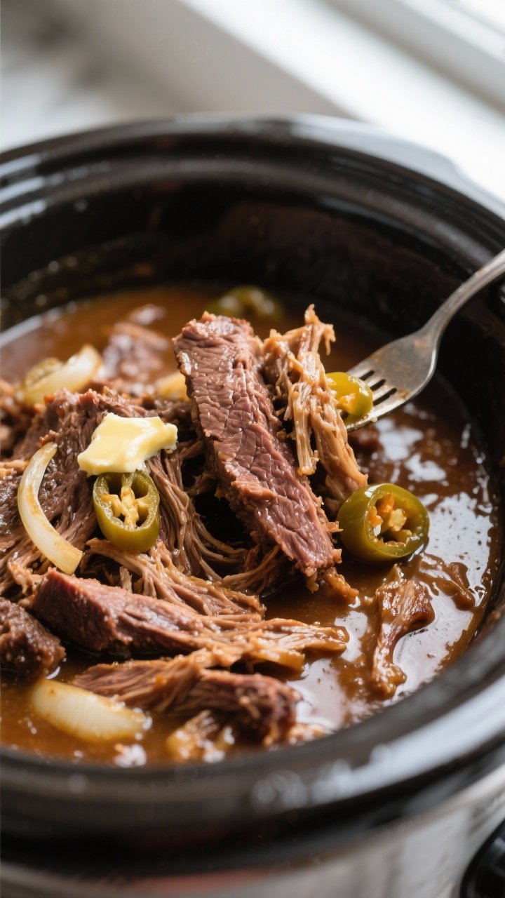 Close-up detail: Fork-tender Mississippi pot roast being shredded directly in the crockpot, glisteni