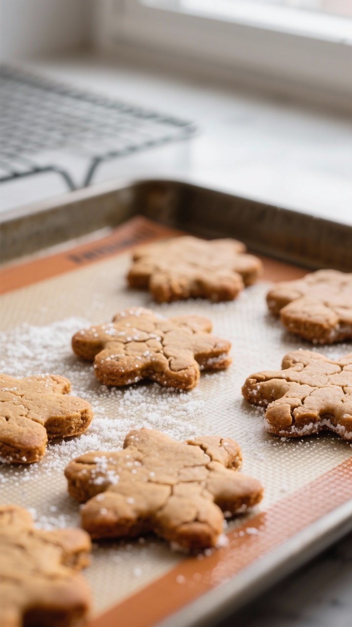 Close-up detail: freshly baked low-carb gingerbread cookies just out of the oven, edges lightly gold